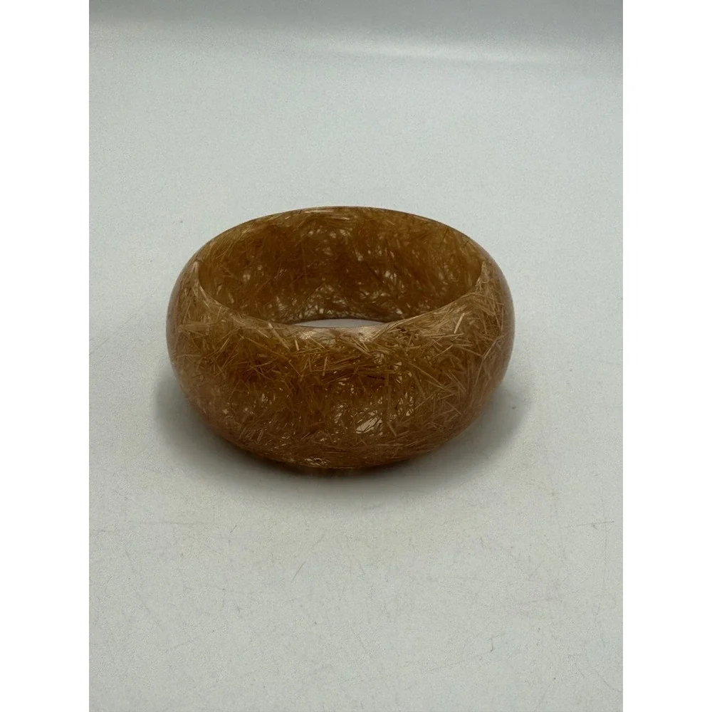 Vintage Golden Straw Fiber Resin Bangle Bracelet Chunky Amber Tone Dome Jewelry